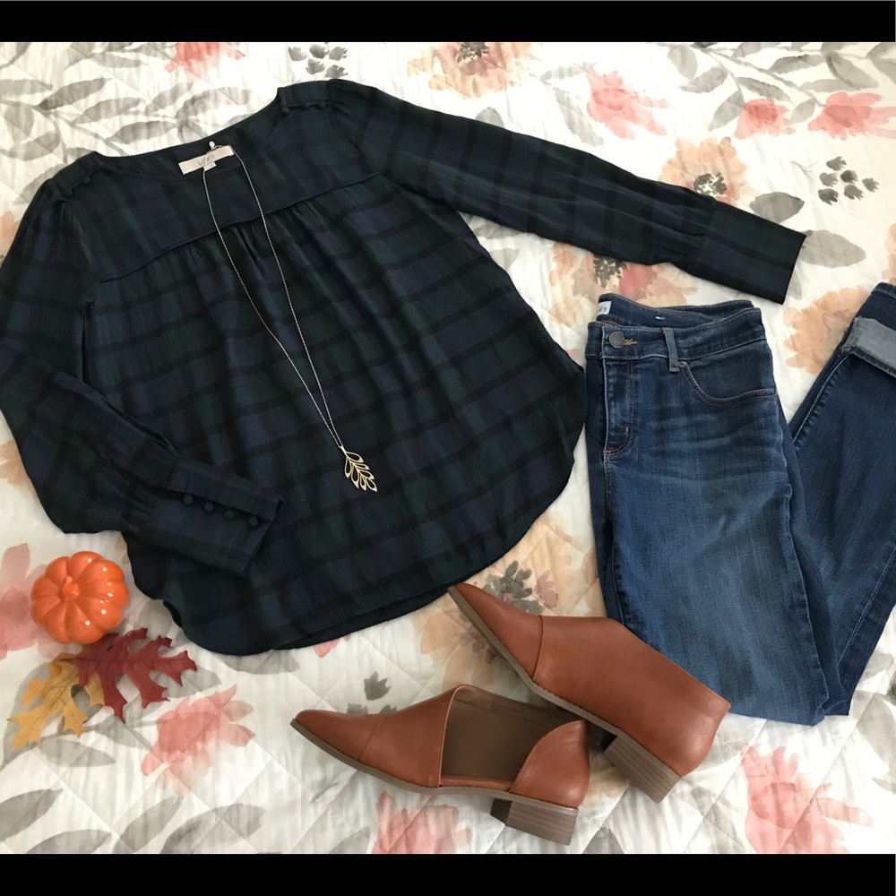 LOFT Blue Green Plaid Button Shoulder Top S - Picture 1 of 6